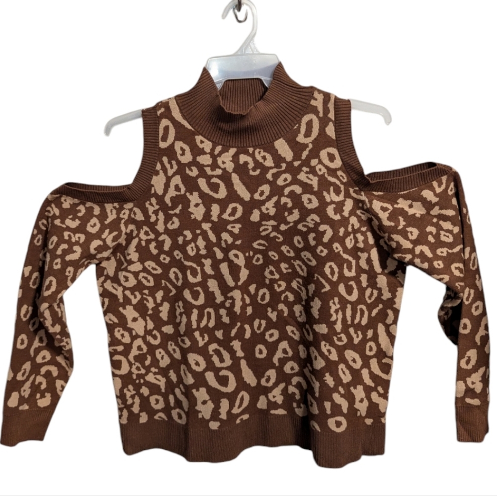 Pamela Mccoy Sweater 1X Cold Shoulder brown animal print NEW W-368